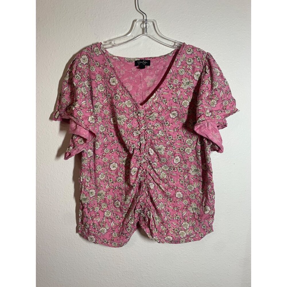Jessica Simpson Floral Print Blouse Boho Ruche Y2K Casual Pink Plus Size 2X